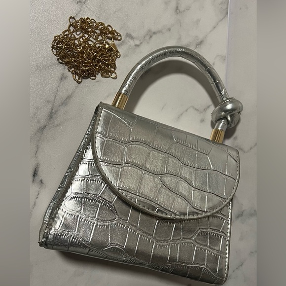 Silver Crocodile-Embossed Mini Handbag with Chain Strap - Picture 3 of 10